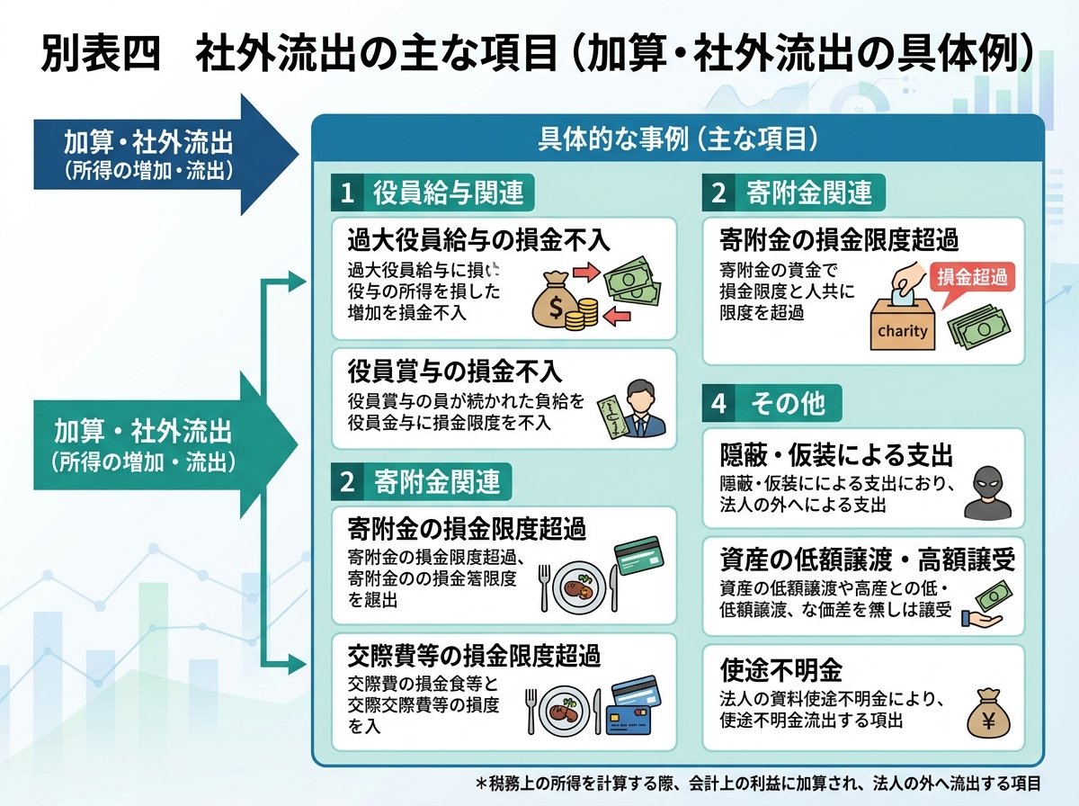 別表四 社外流出の主な項目（加算・社外流出の具体例）