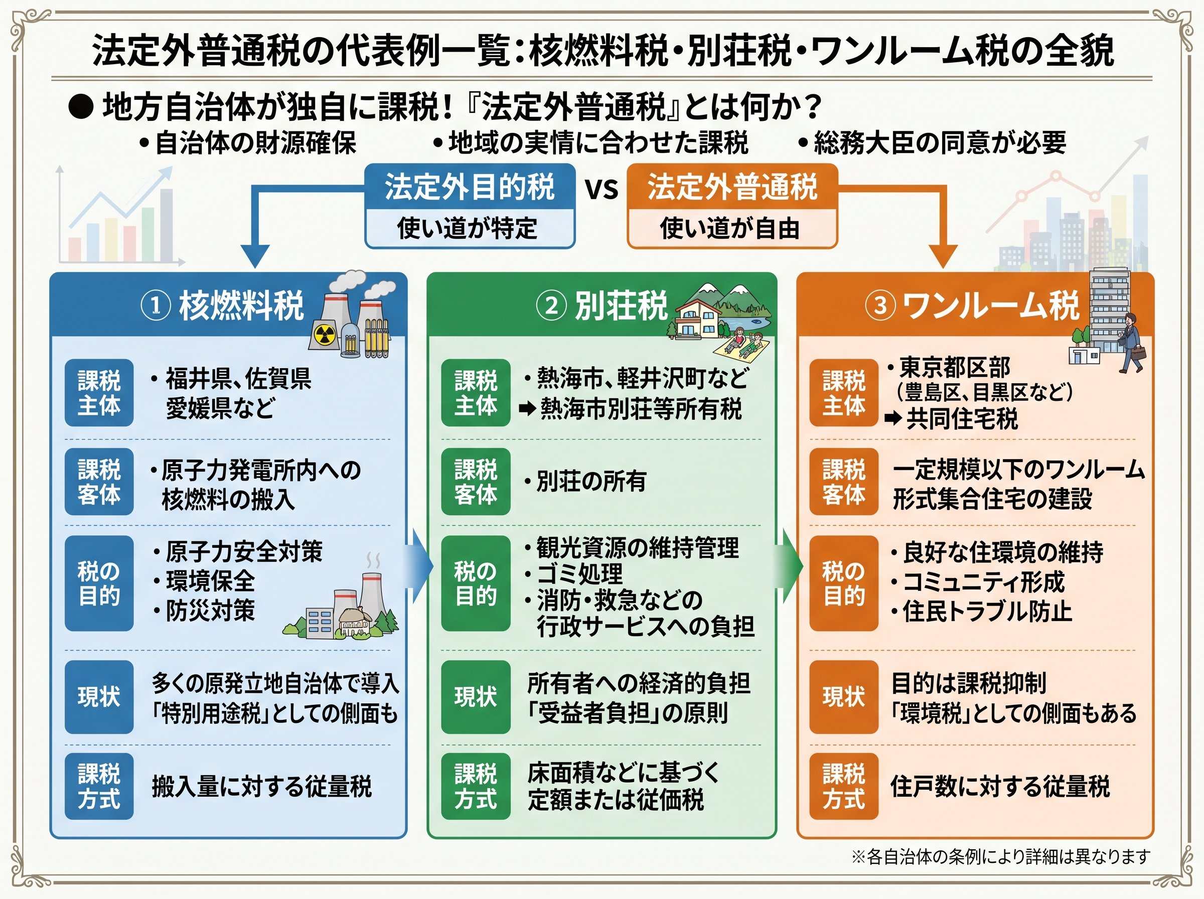 法定外普通税の代表例一覧：核燃料税・別荘税・ワンルーム税の全貌