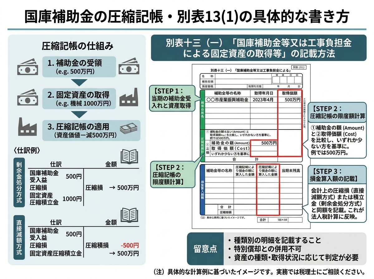 国庫補助金の圧縮記帳・別表13(1)の具体的な書き方