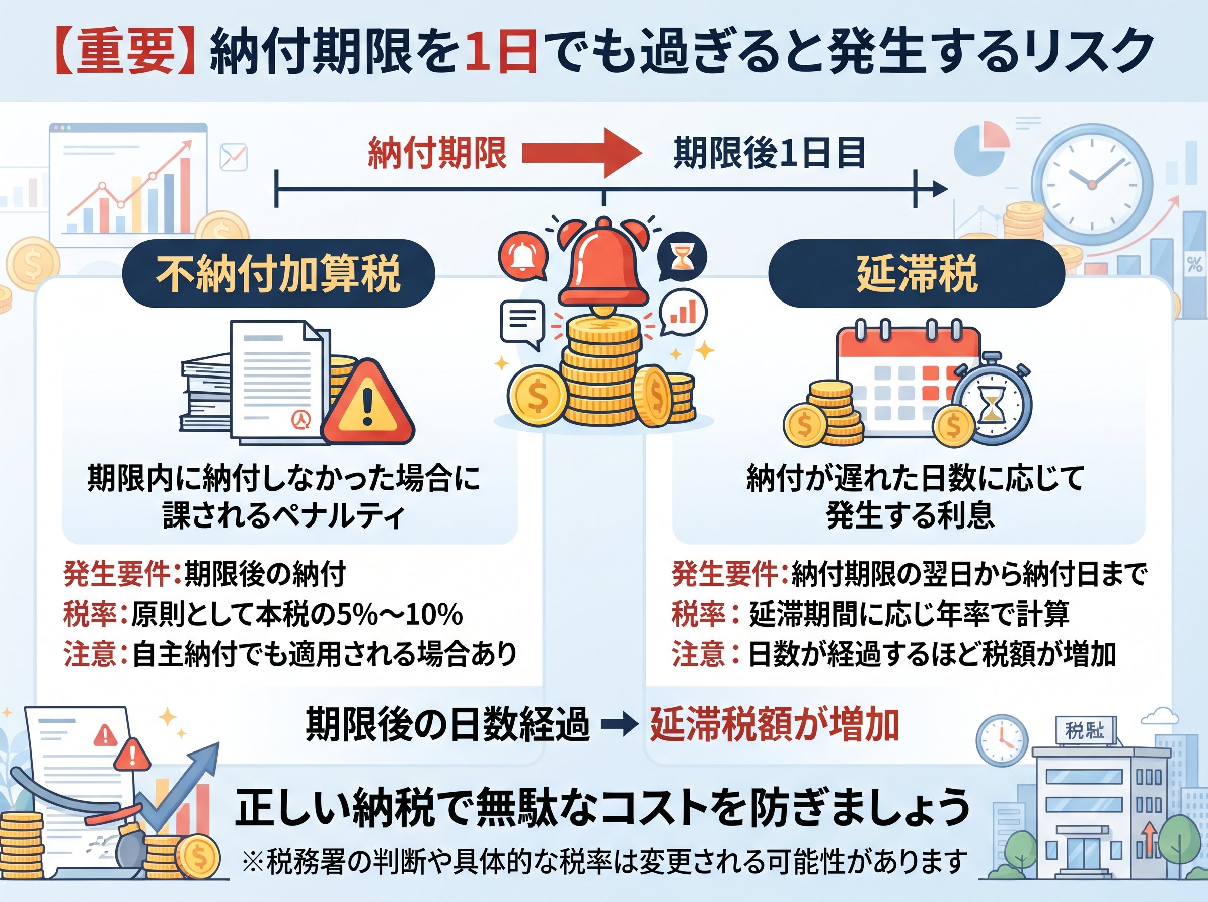 納付期限を1日でも過ぎると発生する不納付加算税・延滞税のリスク