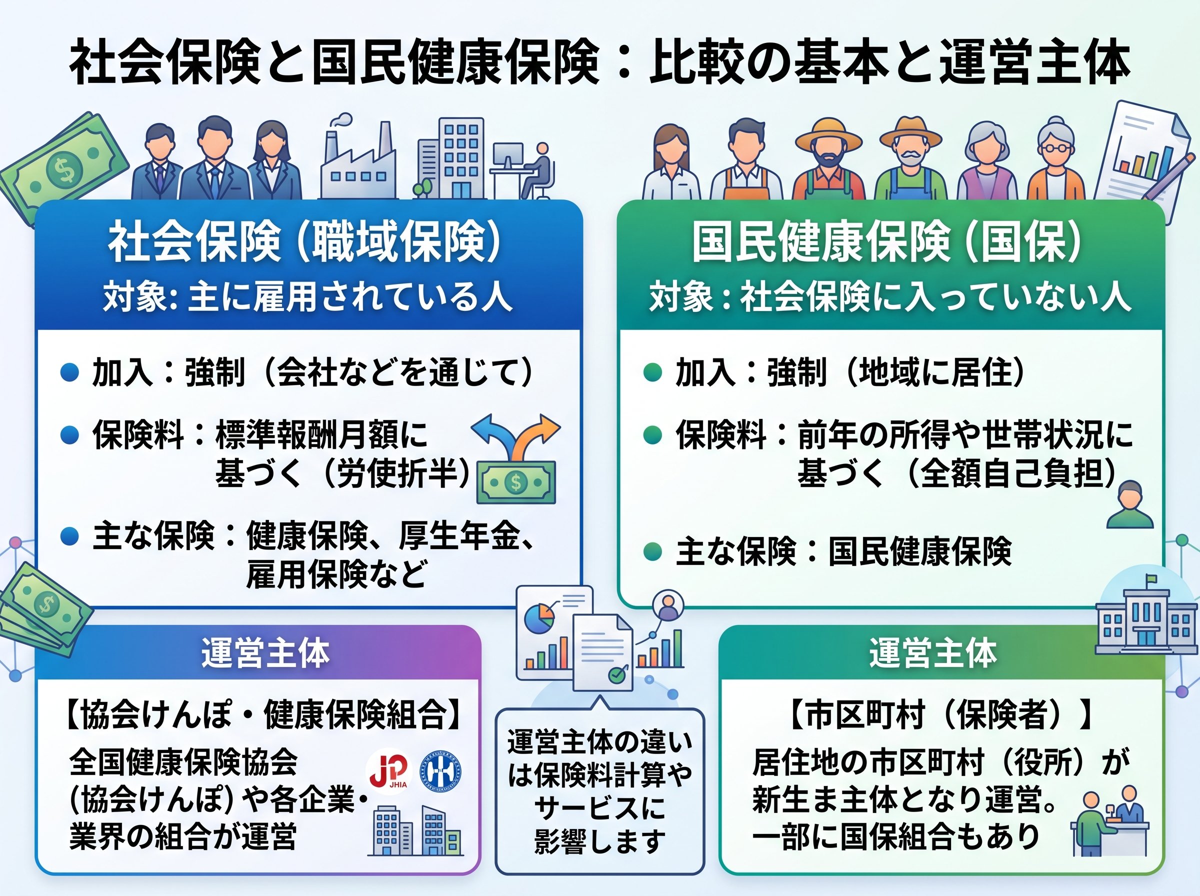 社会保険 国民健康保険 比較 の基本と運営主体