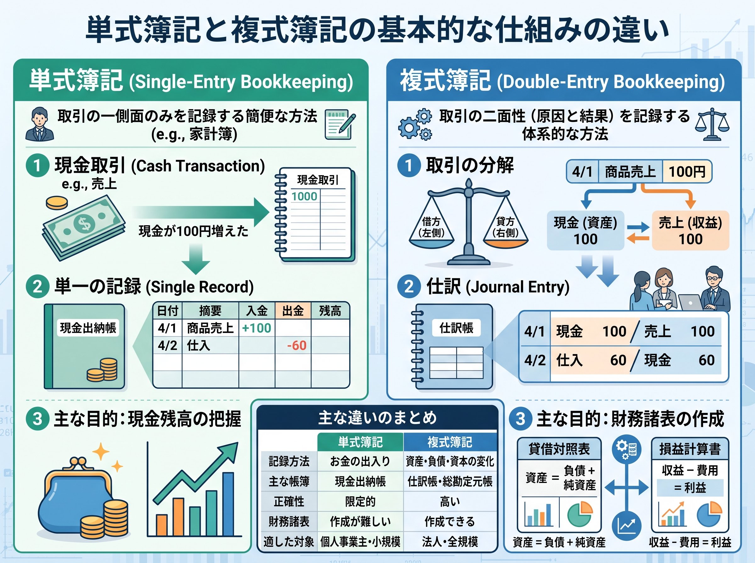 単式簿記と複式簿記の基本的な仕組みの違い